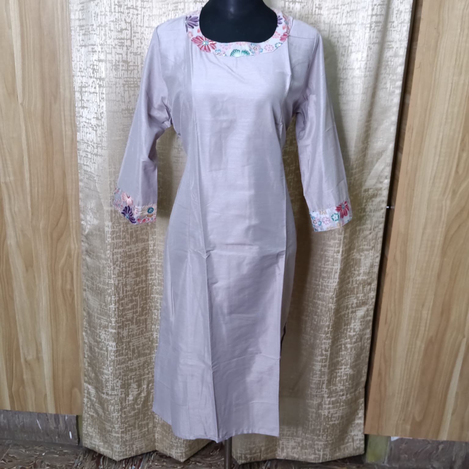 Women's Zute Silk Long Princess Cut Kurti – Lavender | Embroidered Neck | Elbow Sleeves