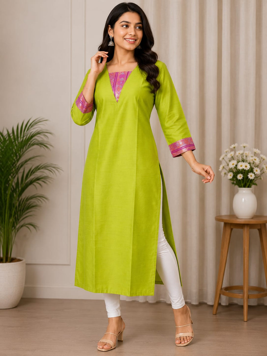 Women's Zute Silk Straight Kurti – Lime Green | V-Neck | 3/4 Sleeves