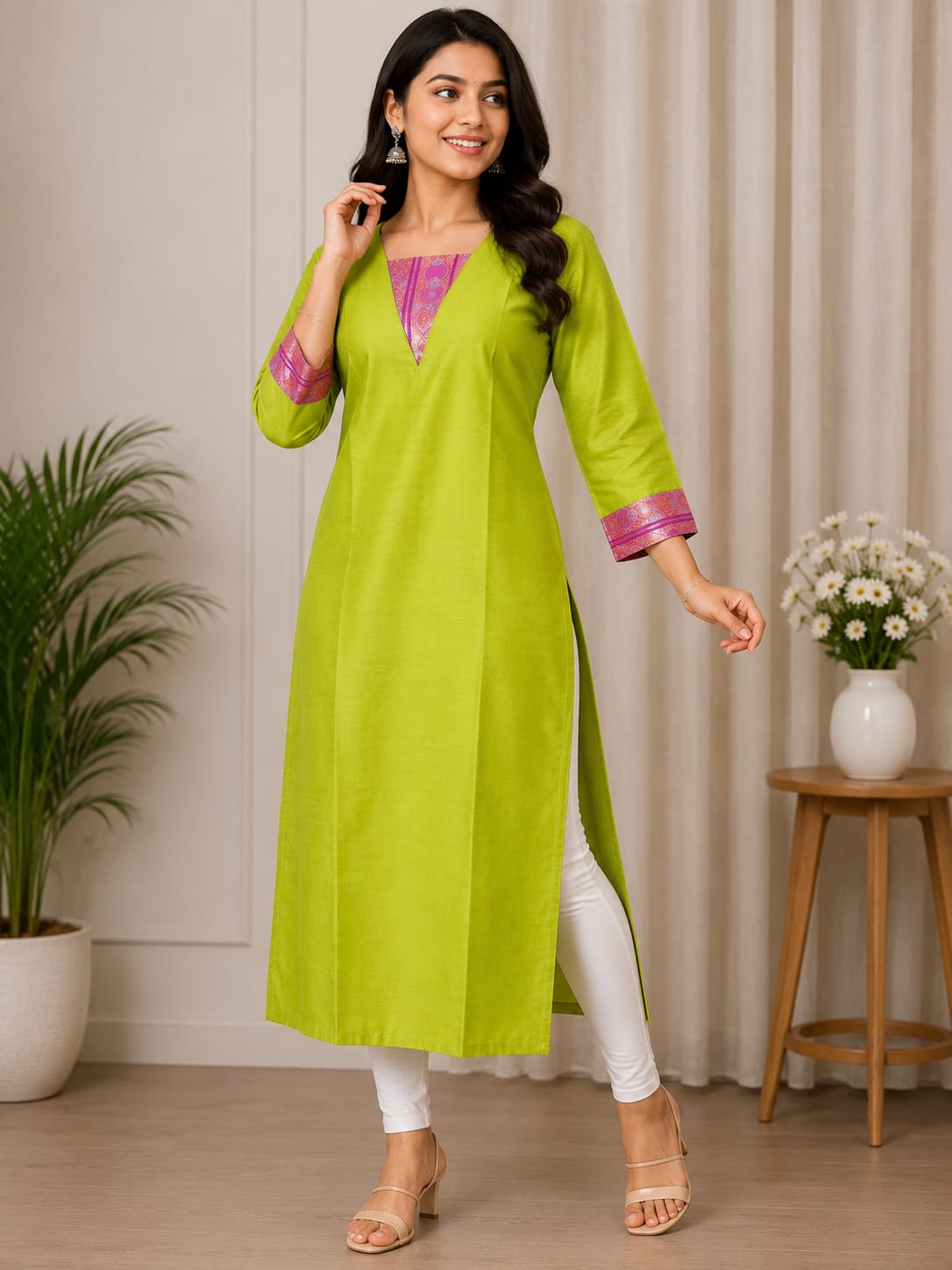 Women's Zute Silk Straight Kurti – Lime Green | V-Neck | 3/4 Sleeves