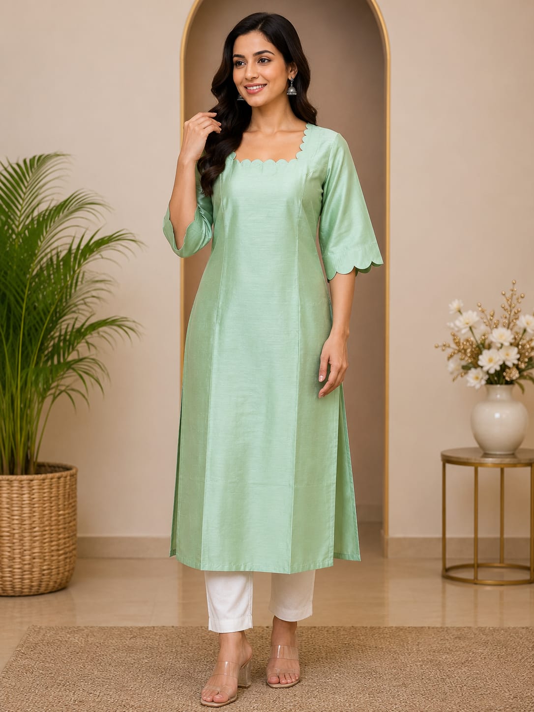 Women's Maroon Long Kurti – Scallop Neck | Elbow Sleeves