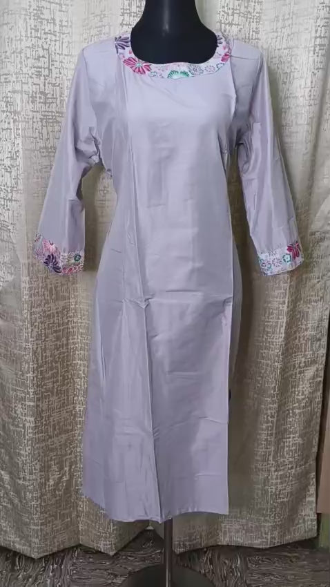 Women's Zute Silk Long Princess Cut Kurti – Lavender | Embroidered Neck | Elbow Sleeves