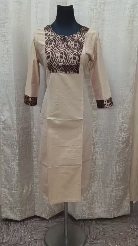 Women's Cream Long Kurti – Printed Yoke | 3/4 Sleeves