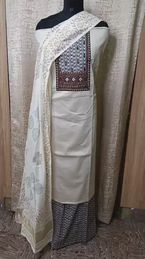 Cream Ethnic Printed Cotton Chudithar Dress Material with Dupatta