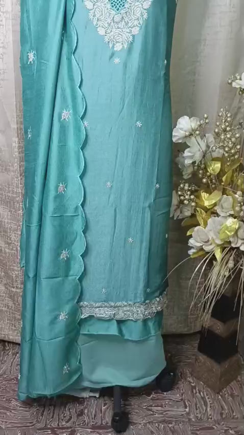 💙 Teal Blue Silk Chudithar Dress Material with Cutwork Embroidery