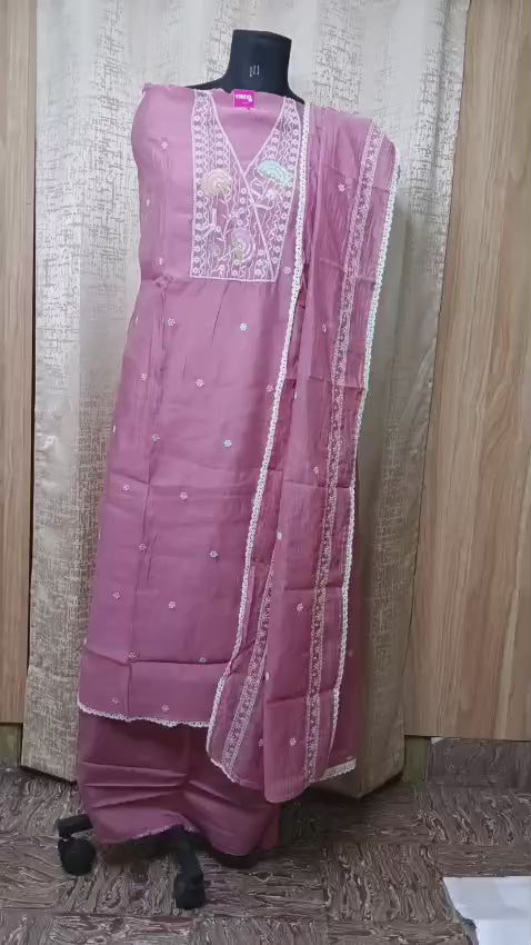 Dusty Rose Embroidered Cotton Chudithar Dress Material with Dupatta