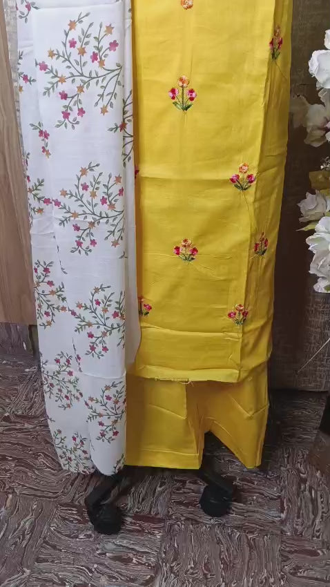 Mustard Yellow Floral Embroidered Cotton Chudithar Dress Material with Printed Dupatta