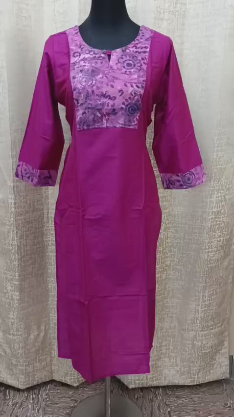 Women's Magenta Zute Silk Long Kurti – Printed Yoke | 3/4 Sleeves
