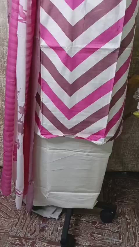 Pink Chevron Cotton Suit Set with Embroidered Neck & Floral Dupatta