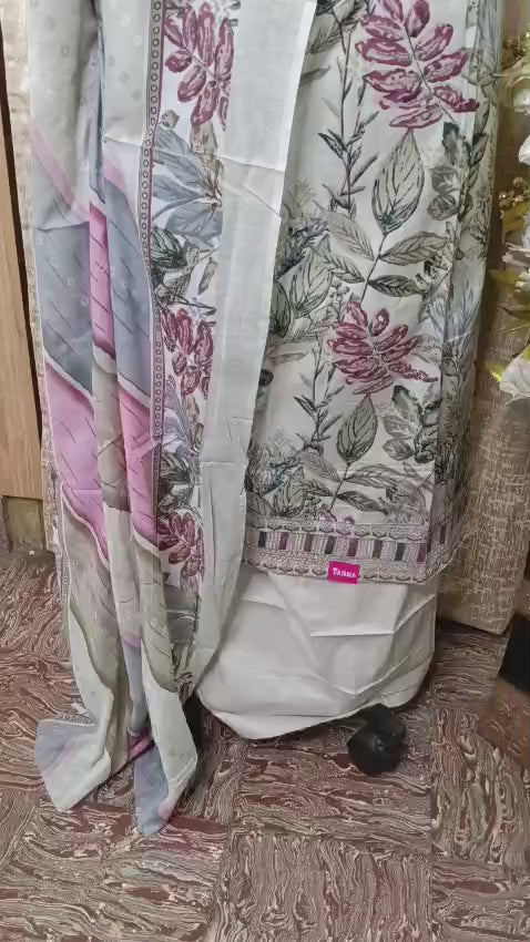 Pastel Grey Floral Cotton Chudithar Dress Material with Printed Dupatta