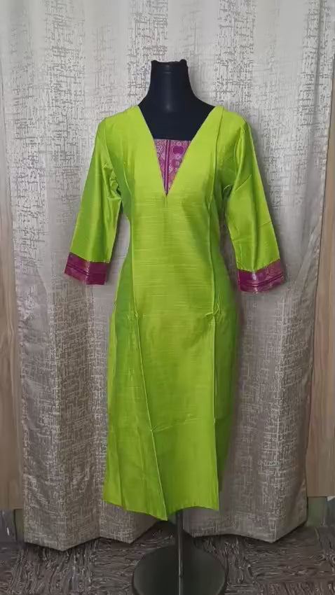 Women's Zute Silk Straight Kurti – Lime Green | V-Neck | 3/4 Sleeves