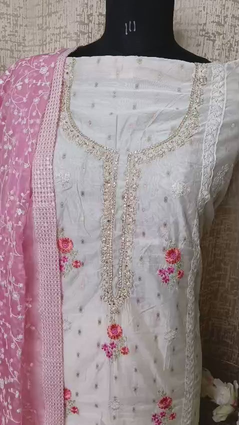 Off White Floral Embroidered Cotton Chudithar Dress Material with Pink Dupatta