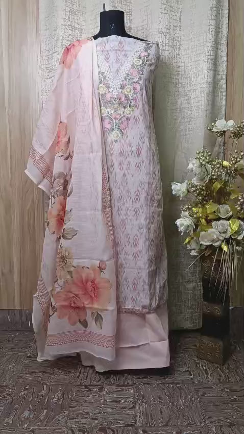Blush Pink Floral Embroidered Cotton Chudithar Dress Material with Printed Dupatta