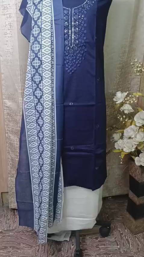Navy Blue Cotton Dress Material with Embroidered Neck & Printed Dupatta